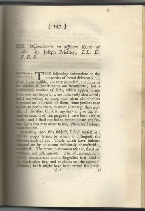 FIRST DESCRIPTION OF PHOTOSYNTHESIS: "Observations on Different Kind of Air." (Philosophical Transactions of the Royal Society of London, Vol. 62, pp. 147-264.)